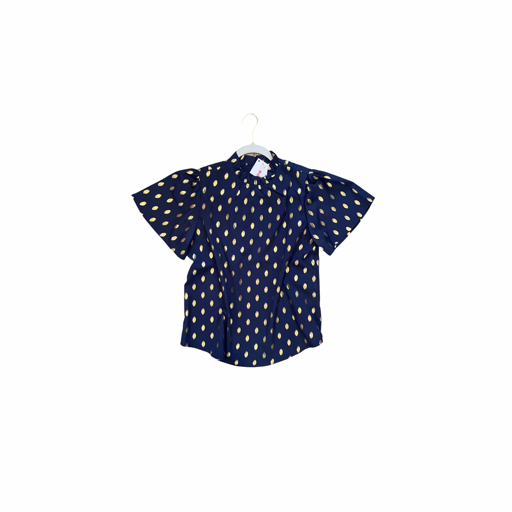 The Anne Navy and Gold Print Puffy Sleeve Woven