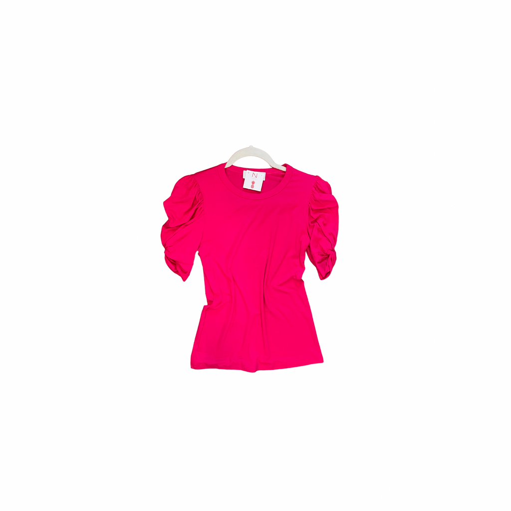 Made in the USA Kari Solid Fuschia Pink Short Scrunch Sleeve Top