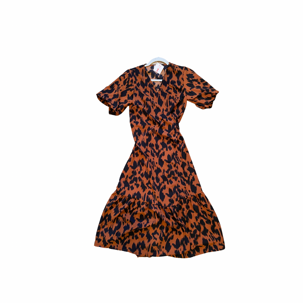 The Risa Rust Leopard Print Poof Sleeve Wrap Midi Dress